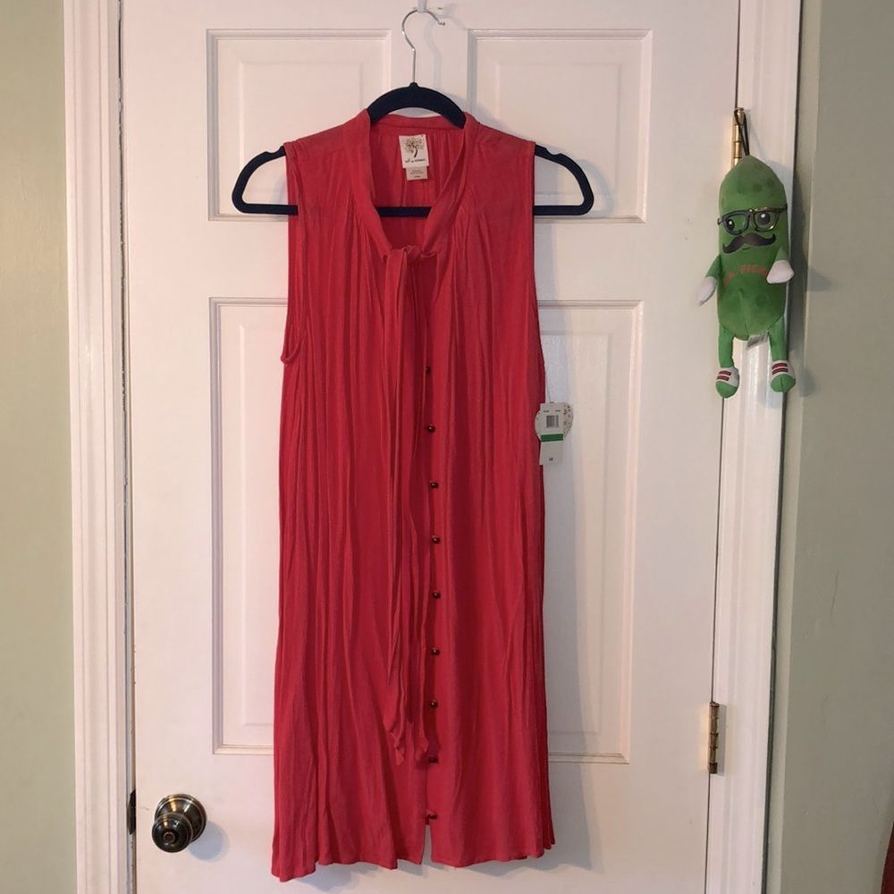 Juniors Sized Self Esteem Large Coral Gauzy Tie Neck Button Down Tank Dress